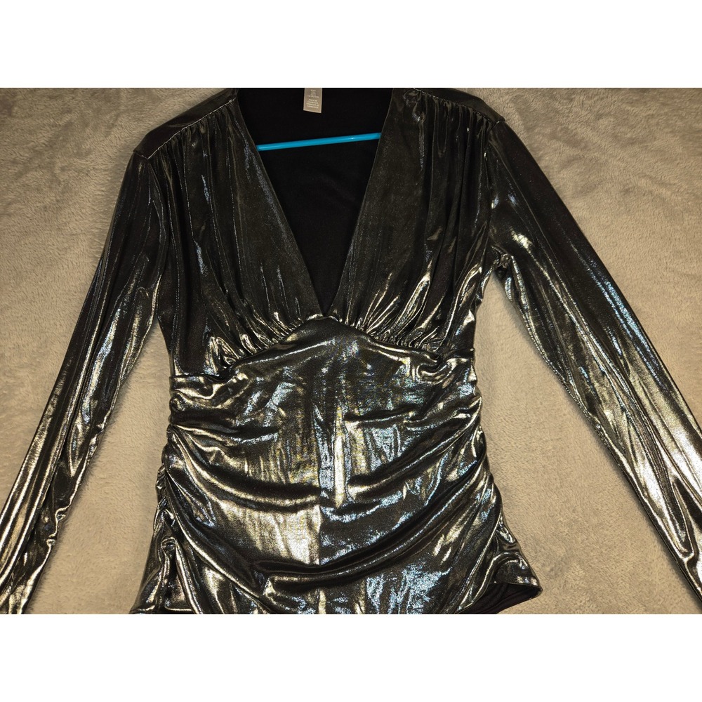 HM Metallic Silver Long Sleeve Bodysuit Ruched V-Neck Shiny Party Top L - Picture 5 of 6